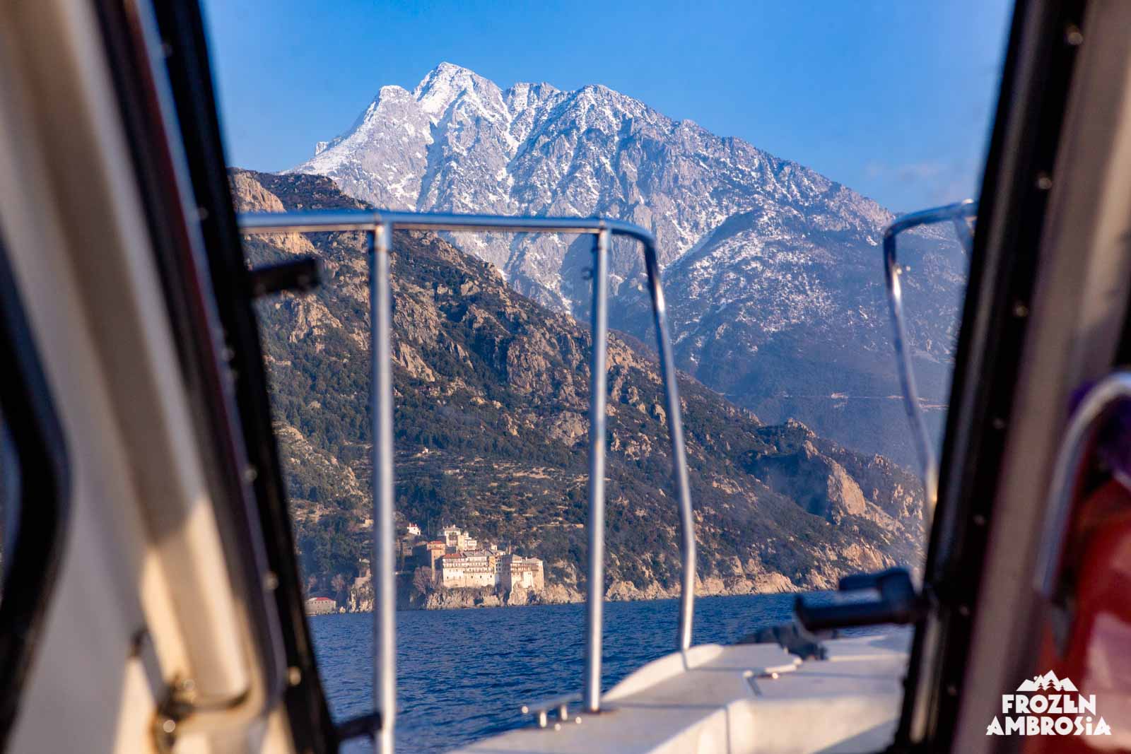 Approaching Mount Athos, the Holy Mountain, by sea taxi.